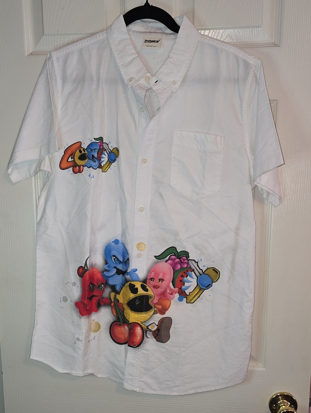 Pac-Man Graphic White Short Sleeve Button-Down Custom Design, Dee Cosey